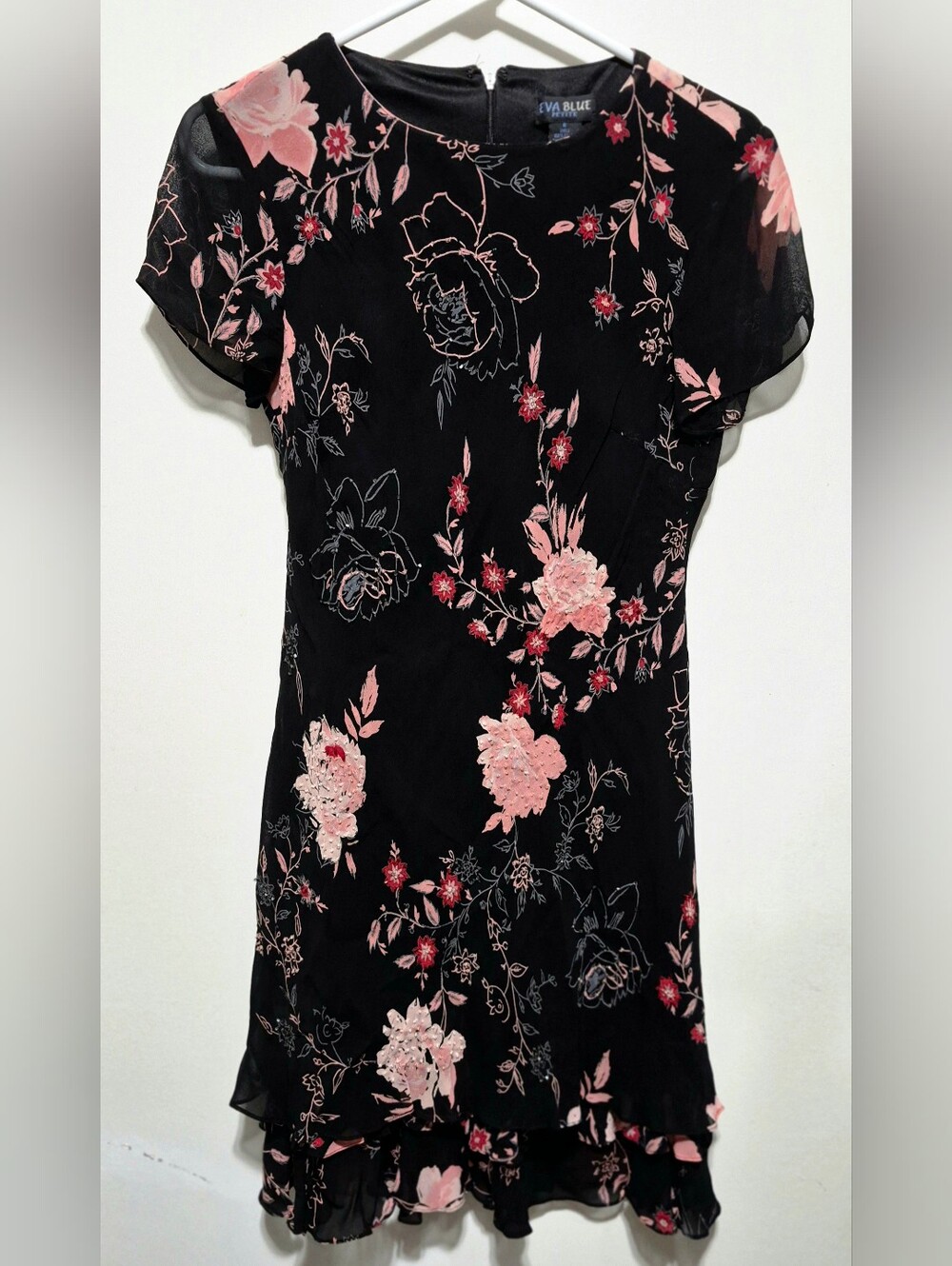 Eva Blue Black Midi Dress with Pink Floral Print and Beaded Accents.